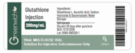 Glutathione Injection 200 mg/mL, 10mL multi-dose vial label. The lot number and beyond use date are printed under the storage instructions.